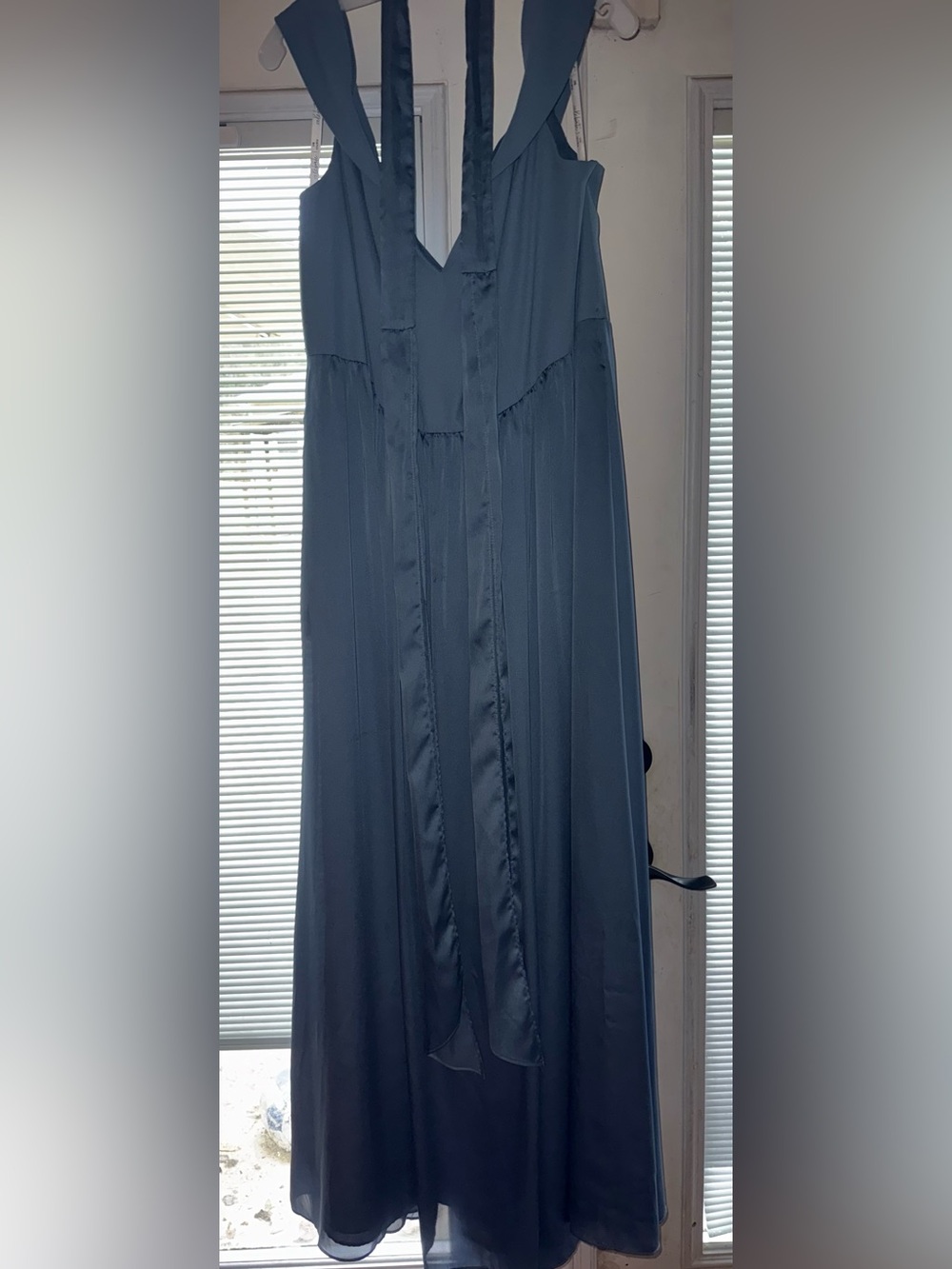 Davids Bridal Off the Shoulder A-line Steel Blue Maxi Dress with Waist Ties